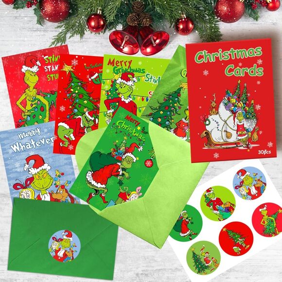Grinch Christmas Cards Set of 30 w/ Envelopes & Stickers, Funny Holiday Greeting - Picture 7 of 8
